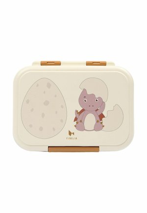 Børns beige madkasse med en sød lilla baby-dinosaur, der klækker ud af et æg, illustration på låget og brune låse.
