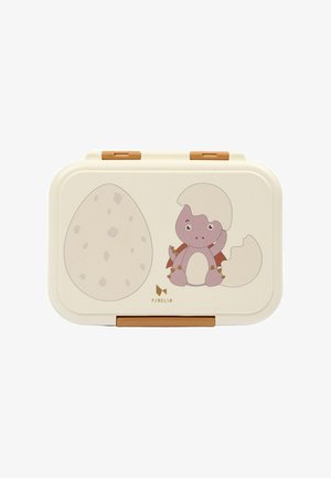 Børns beige madkasse med en sød lilla baby-dinosaur, der klækker ud af et æg, illustration på låget og brune låse.