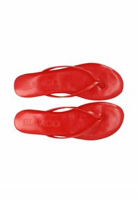 Rote Flip-Flops aus glattem Gummi mit flachem Fußbett und dünnen Riemen. Der Markenname "BIANCO" ist in das Fußbett eingeprägt.