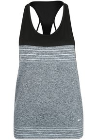 Svart och grå atletisk linne med racerback-design, med en strukturerad grå botten och horisontella ränder över mitten.