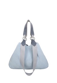 Borsa di tessuto blu con accenti in suede grigi, forma triangolare, due ampie cinghie in tessuto e accessori in argento sulla parte superiore.