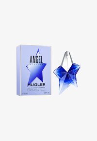 Perfume Mugler Angel Stellar en un frasco de vidrio azul con forma de estrella, con una tapa plateada, junto a una caja de color azul claro a juego que presenta un diseño estelar.