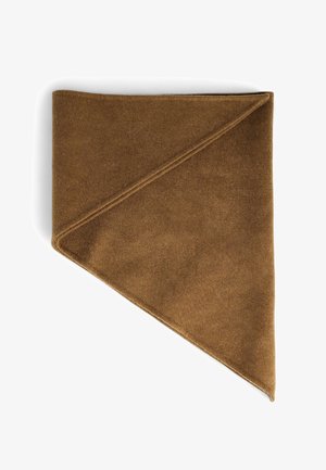 Pruun kolmnurkne sall, mis on valmistatud pehmest ja tekstuurist kangast, mille pind on sile. Omab lihtsaid jooni ja volditud äärt.