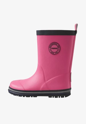 Botte de pluie en caoutchouc rose avec une bande noire texturée en haut, logo circulaire sur le côté, et une semelle extérieure noire robuste pour une meilleure adhérence.