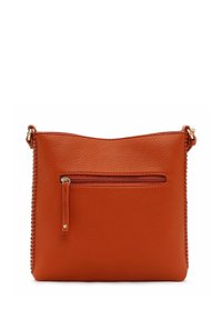 Orange leather crossbody bag featuring a zippered front pocket and braided side detailing. The design is minimalist with a smooth texture.