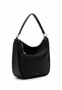 Black leather handbag with a textured finish, curved shape, and short handle. Features a zip pocket with silver hardware.