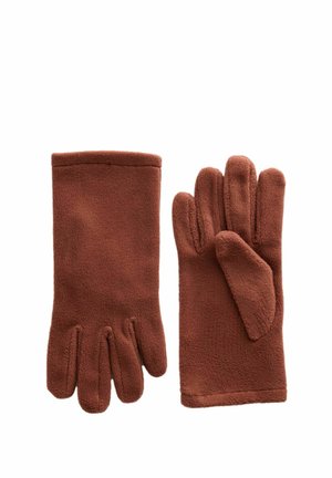 Een paar bruine fleecehandschoenen, één met de handpalm en de ander met de achterkant zichtbaar, met een zachte textuur en eenvoudig ontwerp.