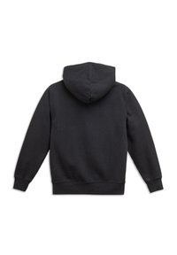 Sudadera con capucha negra hecha de tela suave, con capucha ajustable, puños de punto y un diseño limpio en la parte posterior sin logotipos visibles.