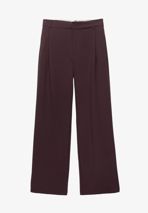 Tmavé bordové široké nohavice s pútkami na opasok a predným zapínaním na zips a gombík, zobrazené na bielom pozadí.