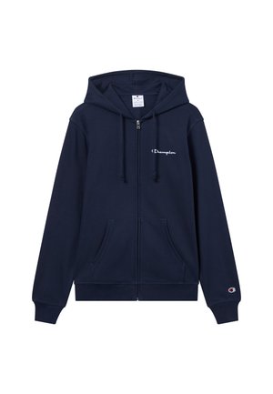 Felpa con zip blu navy in morbido misto cotone, con tasca frontale, cappuccio con coulisse e logo "Champion" ricamato sul petto.