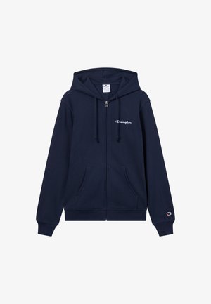 Felpa con zip blu navy in morbido misto cotone, con tasca frontale, cappuccio con coulisse e logo "Champion" ricamato sul petto.