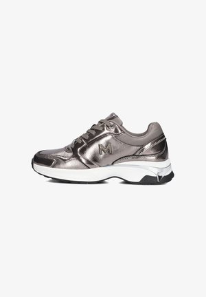 Metallic silver athletic shoe with a textured upper, white midsole, and black outsole. Features a prominent logo and padded collar.