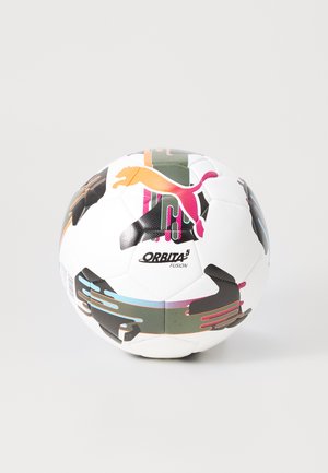 White soccer ball with colorful abstract patterns and Puma logo, labeled "Orbita 5 Fusion," isolated on a light background.
