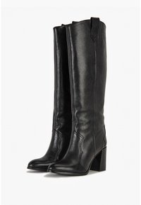 Czarne skórzane kozaki za kolano na słupku, z szpiczastym noskiem i przeszyciami wzdłuż cholewki. Gładka faktura i elegancki design.