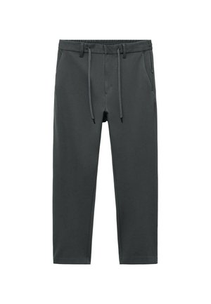 Dunkelgraue Jogginghose aus weichem, elastischem Stoff. Sie verfügt über einen elastischen Bund mit Kordelzug und zwei Seitentaschen.