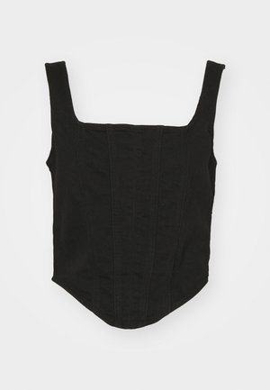 Μαύρη βαμβακερή τοπ κορυφή bustier με τετράγωνη λαιμόκοψη, φαρδείς ιμάντες ώμου και κατακόρυφες ραφές. Λείο υφή, εφαρμοστή σιλουέτα και καμπυλωτό στρίφωμα.