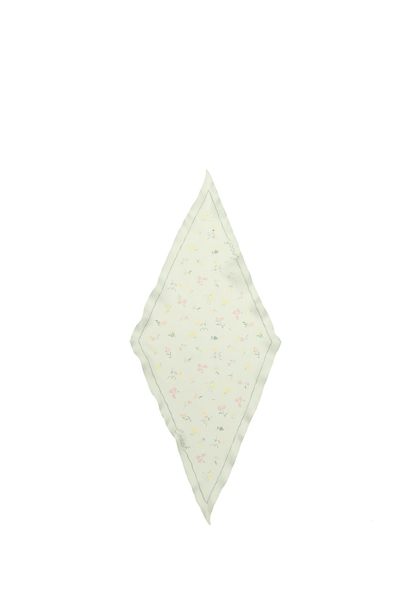 Foulard en soie à motif floral en forme de losange, présentant une bordure vert clair et des motifs floraux multicolores sur un fond crème.