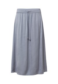 Lichtgrijze midirok van glad, zacht stof. Voorzien van een elastische tailleband met een trekkoord voor een verstelbare pasvorm. Eenvoudig ontwerp.