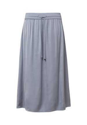 Light gray midi skirt made of smooth, soft fabric. Features an elastic waistband with a drawstring for adjustable fit. Simple design.