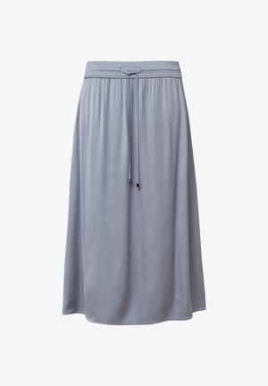 Light gray midi skirt made of smooth, soft fabric. Features an elastic waistband with a drawstring for adjustable fit. Simple design.