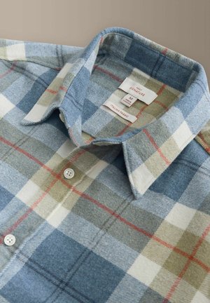 Medvilninis flanelinis marškiniai su mėlynais ir smėlio spalvos langeliais, baltais akcentais ir sagomis užsegamu apykakle. Pagaminti iš minkštos itališkos medžiagos. Matoma M dydžio etiketė.