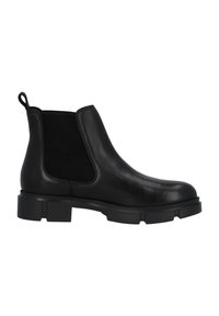Stivale Chelsea in pelle nera con pannello in rete testurizzata, punta rotonda, suola in gomma spessa e linguetta sul retro per una facile calzata.