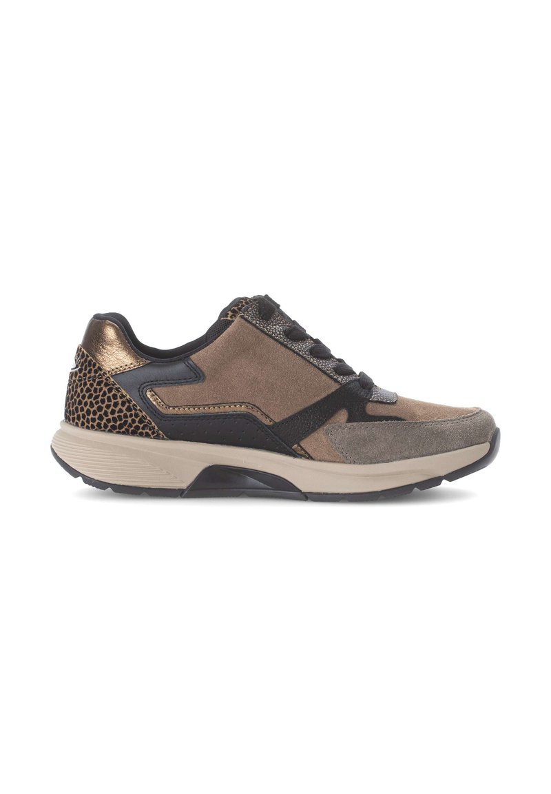 Brown suede athletic shoe with black accents, mesh detailing, and a textured gold heel. Features a rounded toe and flat rubber sole.