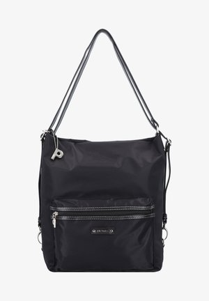 Borsa a tracolla in nylon nera con una texture liscia, dotata di un ampio scomparto principale, tasca frontale con zip e doppi manici. Dettagli in metallo argentato.