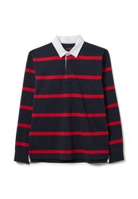 Polo a maniche lunghe blu navale con audaci strisce orizzontali rosse, colletto bianco e pattina con bottoni. Presenta un orlo dritto con fessure laterali.