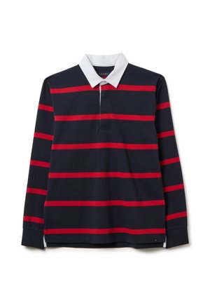 Navy long-sleeve polo shirt with bold red horizontal stripes, white collar, and button placket. Features a straight hem with side slits.