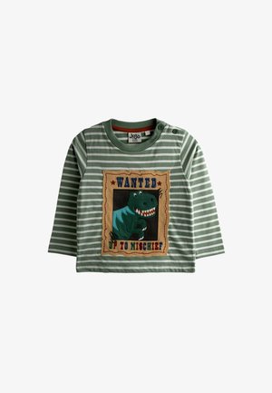 Grün gestreiftes Langarmshirt mit Dinosaurier-Grafik. Verfügt über ein aufgenähtes "GESUCHT"-Design und zwei Schulterdruckknöpfe für leichtes An- und Ausziehen.