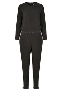 Mono negro hecho de tela suave, con mangas largas, cuello redondo, cintura elástica con cordones y piernas entalladas.