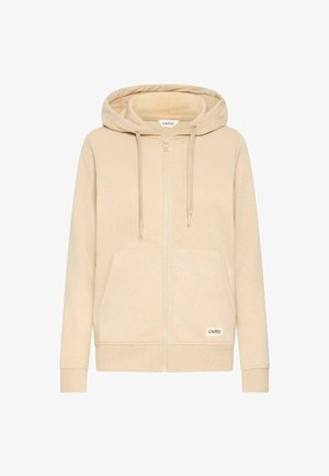 Beige ritsvest gemaakt van zachte stof, met een voorzak, verstelbare trekkoordcapuchon en ribgebreide manchetten en zoom.