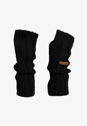 Zwarte gebreide vingerloze handschoenen met geribde boorden, voorzien van een gestructureerd patroon en een klein leren logo-label.