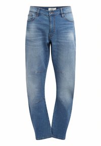 Απαλά μπλε τζιν παντελόνια με εφαρμογή σλιμ, που διαθέτουν ξεθωριασμένα σημεία, εμπρός τσέπες και διακοσμητική ραφή στο γόνατο.