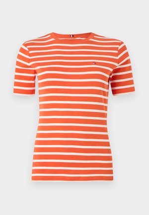 Short-sleeve t-shirt in bright orange with white horizontal stripes. Crew neck design, smooth texture, includes a small logo on the chest.