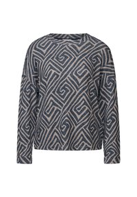 Sweter z długim rękawem w kolorze kremowym z granatowym wzorem w spirale. Miękka tekstura, luźny krój, okrągły dekolt i rękawy z mankietami.