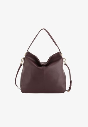 Bolso de cuero burdeos con forma estructurada, parte superior curva y una sola correa para el hombro. Presenta herrajes en tono dorado y una textura suave.