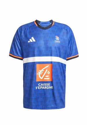 Maillot bleu avec un motif texturé, manches courtes, col noir, accents orange et rayure blanche avec le logo "CAISSE D'EPARGNE".