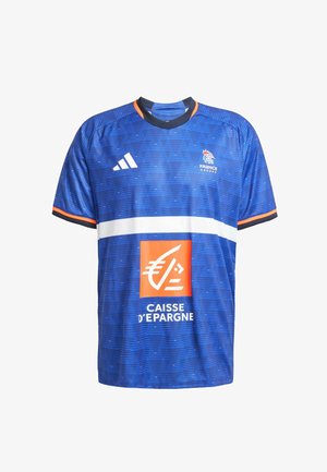 Maillot bleu avec un motif texturé, manches courtes, col noir, accents orange et rayure blanche avec le logo "CAISSE D'EPARGNE".