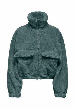 Teal fuzzy jacket with high collar and a front zipper. Features two large patch pockets and elastic cuffs. Soft, textured fabric.