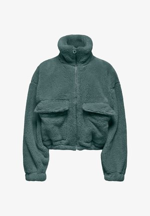 Teal fuzzy jacket with high collar and a front zipper. Features two large patch pockets and elastic cuffs. Soft, textured fabric.