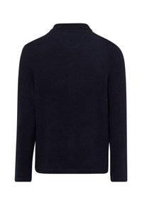 Veste longue en laine bleu marine foncé à manches longues avec col, vue de dos sur fond blanc.