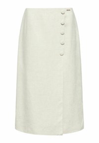 Spódnica w kształcie litery A w jasnym beżowym lnie, z zapinanym na przód fasonem, wyposażona w listwę z guzikami po boku z pięcioma guziczkami pokrytymi materiałem.