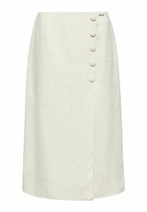 Spódnica w kształcie litery A w jasnym beżowym lnie, z zapinanym na przód fasonem, wyposażona w listwę z guzikami po boku z pięcioma guziczkami pokrytymi materiałem.