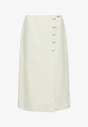 Spódnica w kształcie litery A w jasnym beżowym lnie, z zapinanym na przód fasonem, wyposażona w listwę z guzikami po boku z pięcioma guziczkami pokrytymi materiałem.