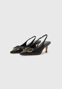 Scarpe slingback in pelle nera con punta affusolata, dettagli con fibbia dorata e tacchi sottili. Texture liscia, design minimalista e forma elegante.