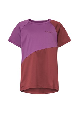 Kurzärmeliges, zweifarbiges Sportshirt in Lila und Purpur mit Rundhalsausschnitt und diagonalem Farbblock, mit kleinem Vaude-Logo auf der Brust.