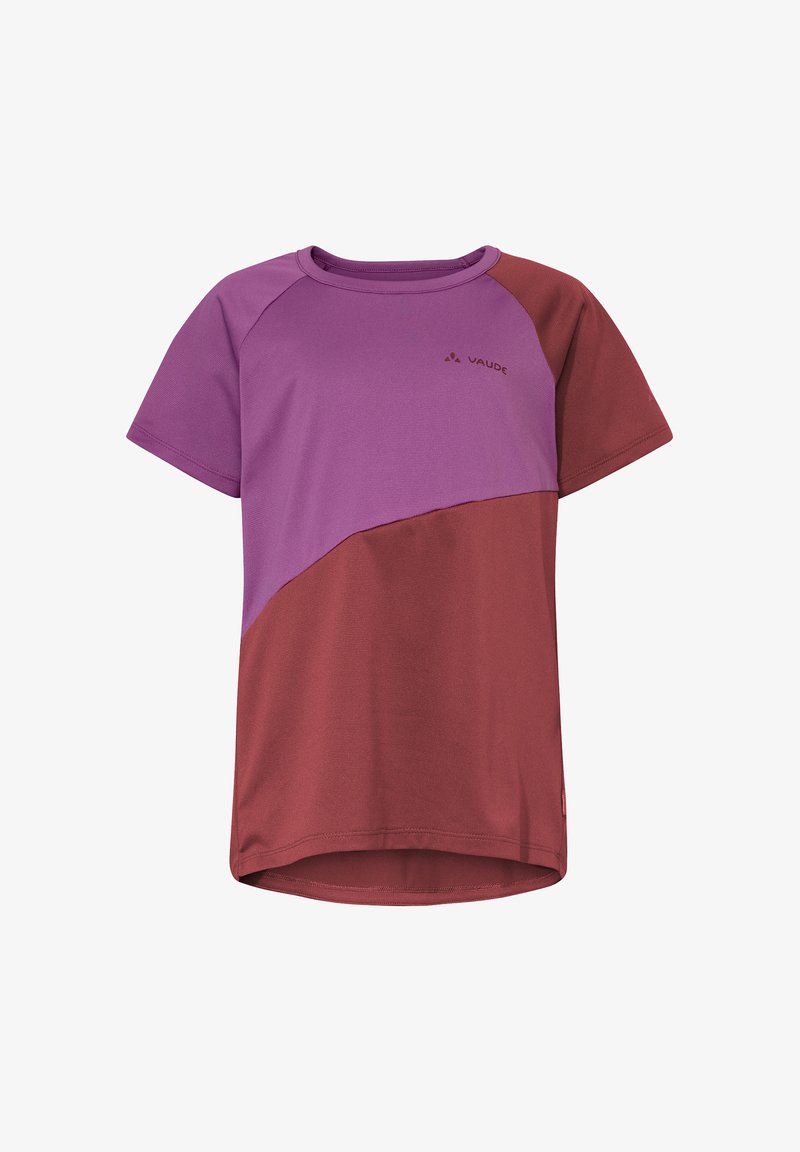 T-shirt de sport à manches courtes bicolore violet et bordeaux avec col rond et bloc de couleur diagonal, présentant un petit logo Vaude sur la poitrine.