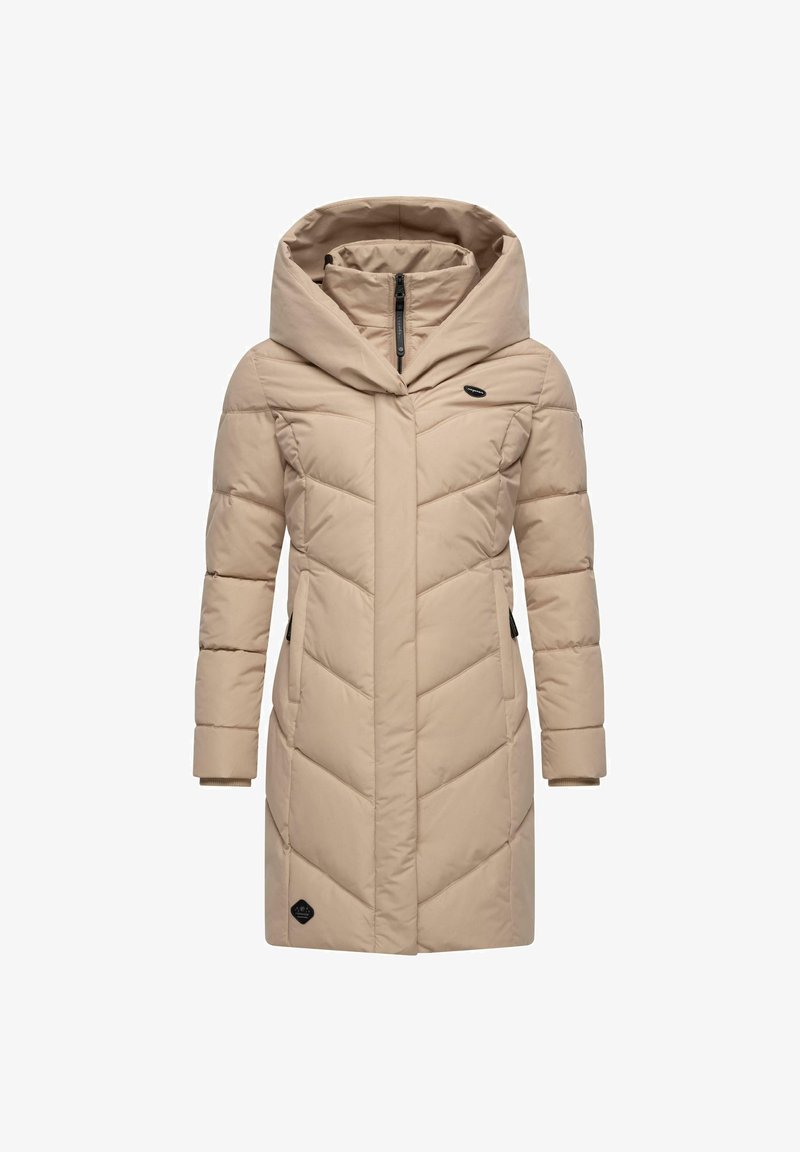 Beige puffer coat with a long design, oversized hood, diagonal quilted texture, zip front, and side pockets. Features black logo detail.